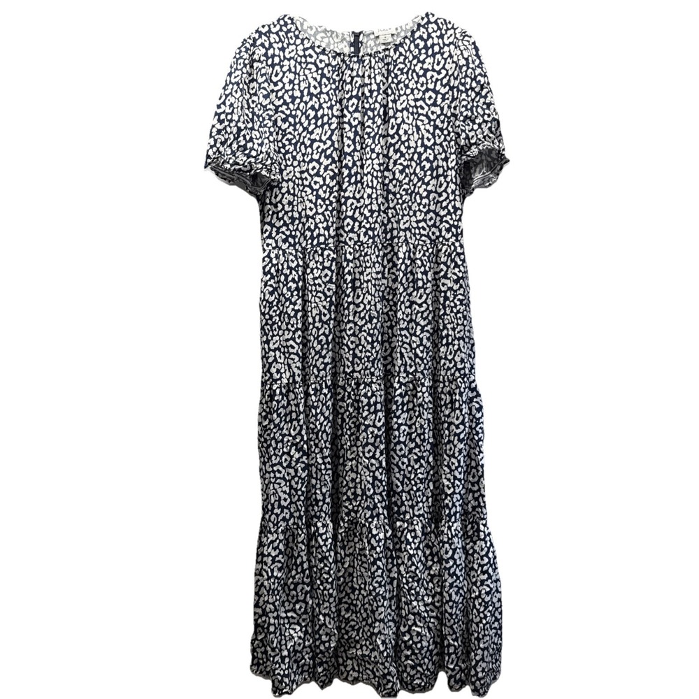 J‎ Crew Womens Midi Dress Size Med Navy White Leopard Tiered Peasant Pockets